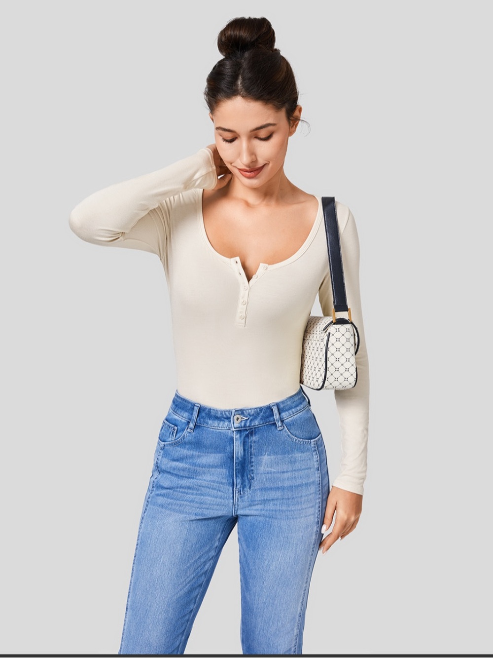 Halara Ribbed Henley Neck Long-Sleeve Slim Casual T-shirt